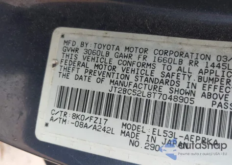 1996 Toyota Tercel Dx из США, поврежденный, VIN JT2BC52L8T7048905